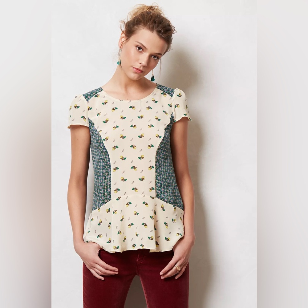 Anthropologie Maeve Silk Acorn Patterned Blouse Fluttered Oak Top